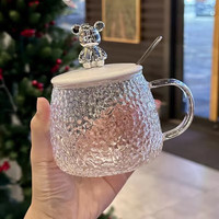 Jidaocook锤纹小熊玻璃杯咖啡杯简约ins风女水杯带把手带盖早餐杯透明茶杯 小熊马克杯全套(杯子+盖子+勺子) 300ml