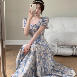 FOURDATRY 蓝色碎花连衣裙方领泡泡袖显瘦中长款 图片色(