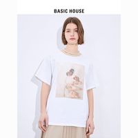 Basic House/百家好白色短袖T恤女季短款洋气宽松设计感