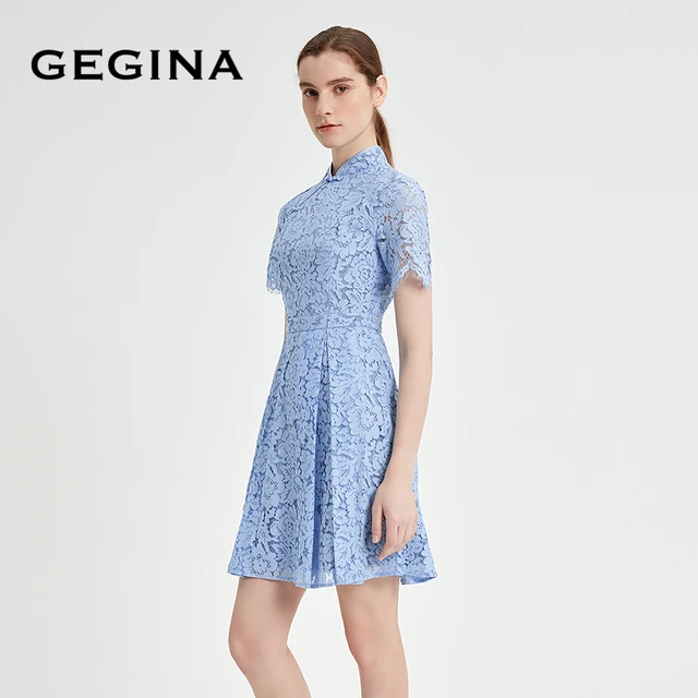 GEGINA吉吉娜早春季中式立领连衣裙蕾丝收腰古典气质裙子
