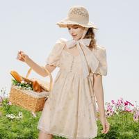 卓雅周末2025夏季甜美钩花方领泡泡袖蝴蝶结碎花连衣裙