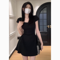 GARNUO法式赫本风连衣裙女夏收腰又甜又辣裙子小个子显瘦小黑裙短裙 【短袖短款】 【101-110斤】