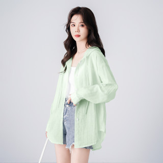 薄款简约长袖连帽衬衫女夏季不规则宽松百搭时尚舒适空调衫上衣