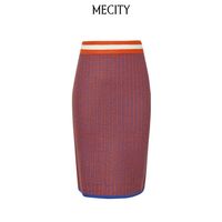 MECITY女士春季潮流腰头撞色及膝设计条纹毛织裙女546200