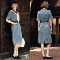 森马 Semir牛仔连衣裙女夏工装风收腰港风中长裙103324114001 牛仔浅中蓝88601 S
