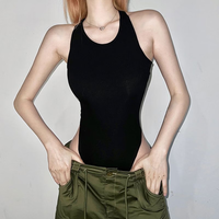 奈久留美新款欧美交叉露背背心连体衣女挂脖式高腰开叉修身辣妹主播上衣潮 黑色 S