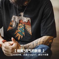 马登 工装 美式复古印第安雷鸟T恤棉重磅民族风刺绣印花短袖男夏季 静谧黑 S