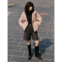 ELLE法式绵羊毛宽松短款毛呢外套女2024冬季新款简约通勤羊毛大衣 粉橘