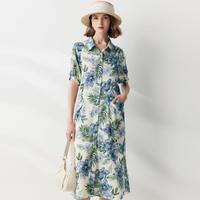 夏日风情印花】桑蚕丝24春夏翻领双口袋宽松显瘦减龄衬衫连衣裙