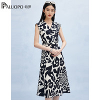 帕罗（PALUOPO）100%桑蚕丝连衣裙女V领无袖双绉真丝印花夏季新款a字高腰中长裙 深藏青