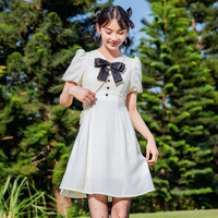 春夏V领泡泡袖撞色蝴蝶结装饰通勤休闲甜美连衣裙女