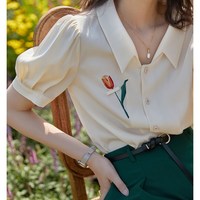 法式复古郁金香刺绣泡泡袖衬衫女夏设计感别致高级感冰丝上衣