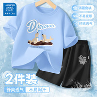 JEANSWEST CLUB儿童套装夏季2025儿童纯棉短袖宝宝运动t恤短裤洋气休闲夏装 海豹冰川蓝+J别针K黑色 150
