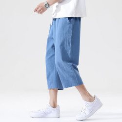 月伊纺 夏季冰丝短裤男100%纯棉宽松直筒休闲裤子男士运动七分裤青年马裤