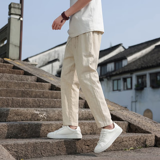 月伊纺夏季亚麻休闲裤男士潮流百搭九分裤子新中式中国风男装哈伦裤 黑色 L