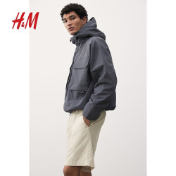 H&M 2025年春季男装标准版型帆布短裤1260536 鼠尾草绿