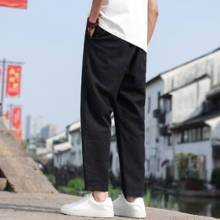 月伊纺夏季亚麻休闲裤男士潮流百搭九分裤子新中式中国风男装哈伦裤 黑色 L