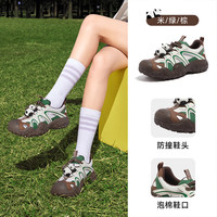 山系熊猫骆驼联名2025春夏运动休闲鞋女网面丑萌鞋厚底户外登山鞋男 米/绿/棕，女款 38