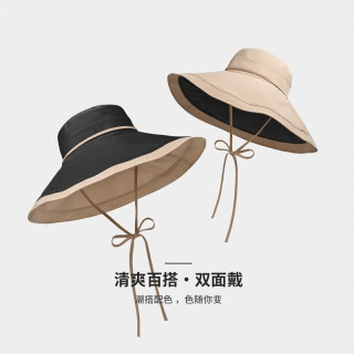 登利途速干超大檐双面可戴渔夫帽女式夏季防晒太阳帽户外防紫外线遮阳帽 藏青色 M （56-58cm）