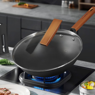 1号会员店 精铁炒锅 深层氮化防锈铁锅 无涂层炒菜锅 配锅盖