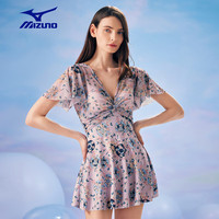 美津浓 Mizuno泳衣女士连体裙摆防晒游泳衣沙滩度假法式碎花时尚显瘦游泳装备夏 浅粉 XL