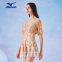 美津浓 Mizuno泳衣女士连体裙摆防晒游泳衣沙滩度假法式碎花时尚显瘦游泳装备夏 浅黄 M