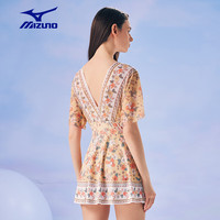 美津浓 Mizuno泳衣女士连体裙摆防晒游泳衣沙滩度假法式碎花时尚显瘦游泳装备夏 浅黄 XL
