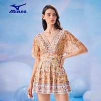 美津浓 Mizuno泳衣女士连体裙摆防晒游泳衣沙滩度假法式碎花时尚显瘦游泳装备夏 浅黄 3XL