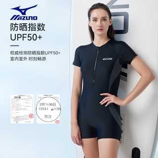 美津浓（MIZUNO）泳衣女士连体平角专业运动保守遮肚显瘦温泉游泳装备 黑色 XL