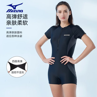 美津浓（MIZUNO）泳衣女士连体平角专业运动保守遮肚显瘦温泉游泳装备 黑色 XL
