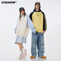 viishow美式高街三条杠重磅插肩ins连帽棉卫衣拼接撞色宽松休闲上衣 蓝杏拼色 2XL