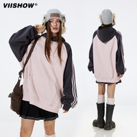 viishow美式高街三条杠重磅插肩ins连帽棉卫衣拼接撞色宽松休闲上衣 藏青黄拼色 XL