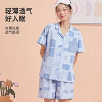 都市丽人 COSMO LADY睡衣女套装新疆棉舒适薄款翻领短袖短裤女士家居服套装 2H2100 浅水蓝-2H2101 L