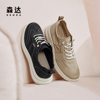 森达帆布鞋男春秋户外厚底透气免系带时尚休闲鞋48317CM4 黑色 38