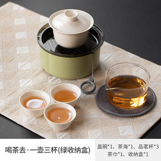 梵陶阁 耐热防烫玻璃快客杯一壶三杯旅行陶瓷盖碗泡茶杯户外便携包套装 -收纳盒