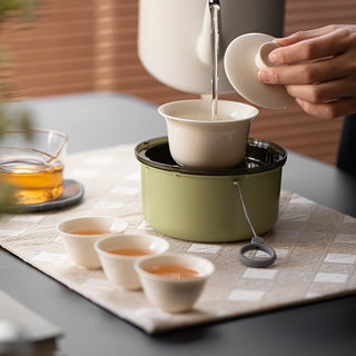 梵陶阁 耐热防烫玻璃快客杯一壶三杯旅行陶瓷盖碗泡茶杯户外便携包套装 -收纳盒