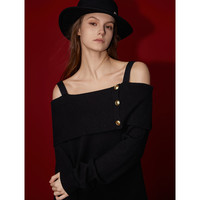 ELLE【新年系列】红色绵羊毛混纺连衣裙本命年女2024春装垂坠感裙 黑色 M
