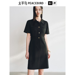 太平鸟女装连衣裙气质翻领衬衫裙夏工装法式复古短款 黑色 M