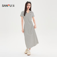 三福连衣裙女2025夏季气质褶皱收腰显瘦翻领长裙子女装499630