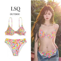 安与·洛施琪 新款碎花小清新纯欲彩色印花褶皱比基尼钢托小胸聚拢分体ins度假 印花 M