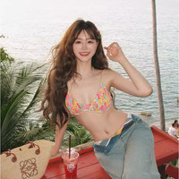 安与·洛施琪 彩色印花褶皱钢托聚拢分体比基尼 M
