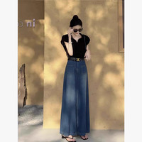 妍莉芬（yanlifen）2025年夏装搭配一整套装女气质名媛茶系穿搭衣服冷淡风感牛仔裤裙 白色上衣+浅蓝色裤子(送腰带) XL 【适合115斤-130斤】