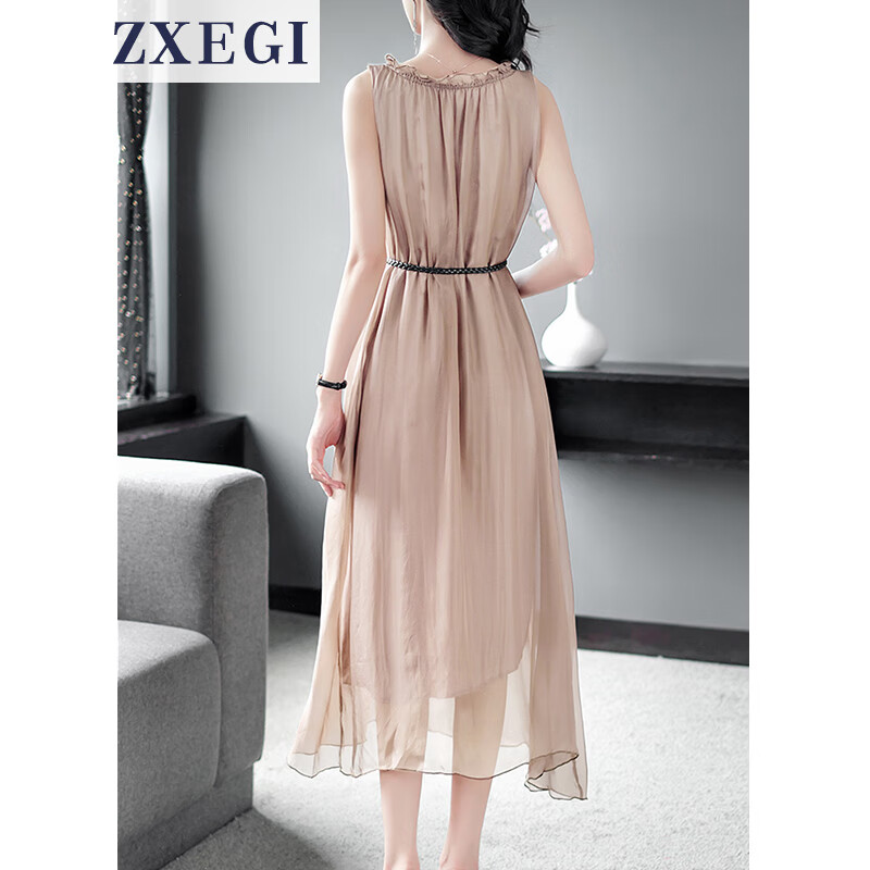 ZXEGI真丝女装100%桑蚕丝连衣裙夏季收腰中长款高档背心真丝裙子中长款 香槟色（闪电发货） 均码