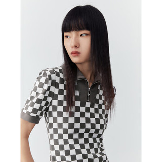 太平鸟春季新款棋盘格连衣裙POLO领半拉链短袖a字裙女士