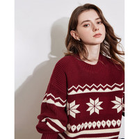 初语撞色圆领毛衣女安可拉红复古氛围感针织衫2024秋冬毛织衫上衣 安可拉红 L