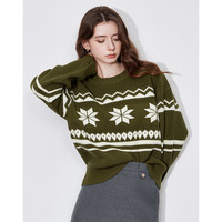 初语撞色圆领毛衣女安可拉红复古氛围感针织衫2024秋冬毛织衫上衣 芥末绿 XL