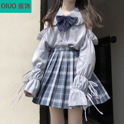 OIUO 春季日系软妹花边洛丽塔内搭娃娃领长袖白衬衫女露肩上衣 灰蓝色 622衬衫 M （90-110斤）