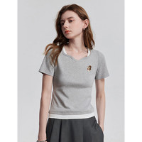 初语假两件撞色短袖T恤女2025夏季波浪领美式修身减龄上衣 花灰色 XL