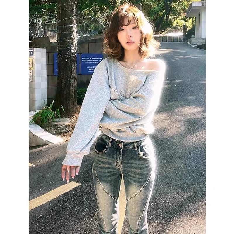 風采兔 韩版辣妹斜肩卫衣女秋冬2024新款松弛感慵懒风设计感长袖上衣潮