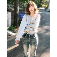 風采兔 韩版辣妹斜肩卫衣女秋冬2024新款松弛感慵懒风设计感长袖上衣潮